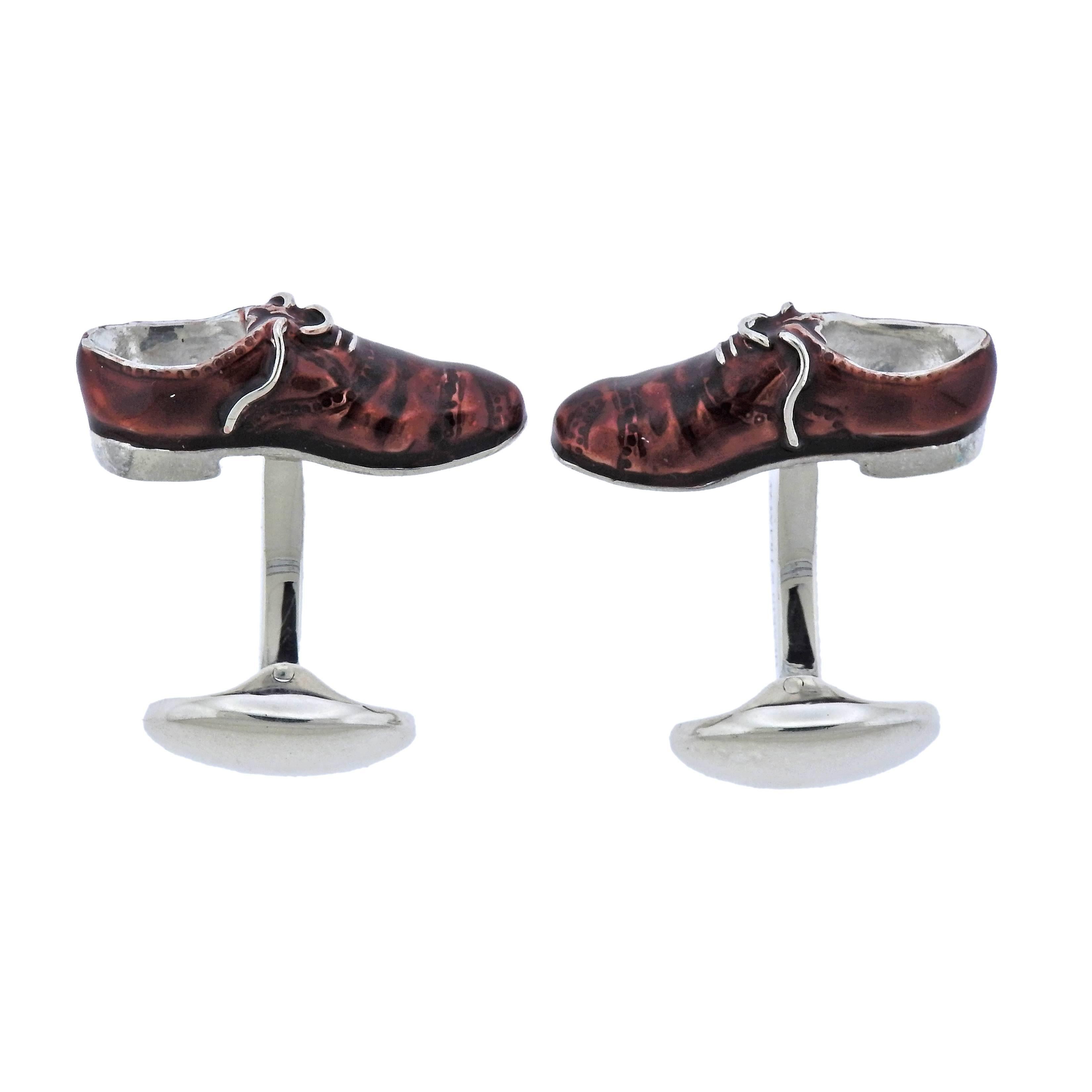  Brand new pair of sterling silver  enamel cufflinks, depicting brogue shoes. crafted by Deakin & Francis.
Come with box and papers. Each shoe is 24mm x 8mm, weigh 23.2 grams. Marked: Deakin & Francis, D&F, 925, English marks.