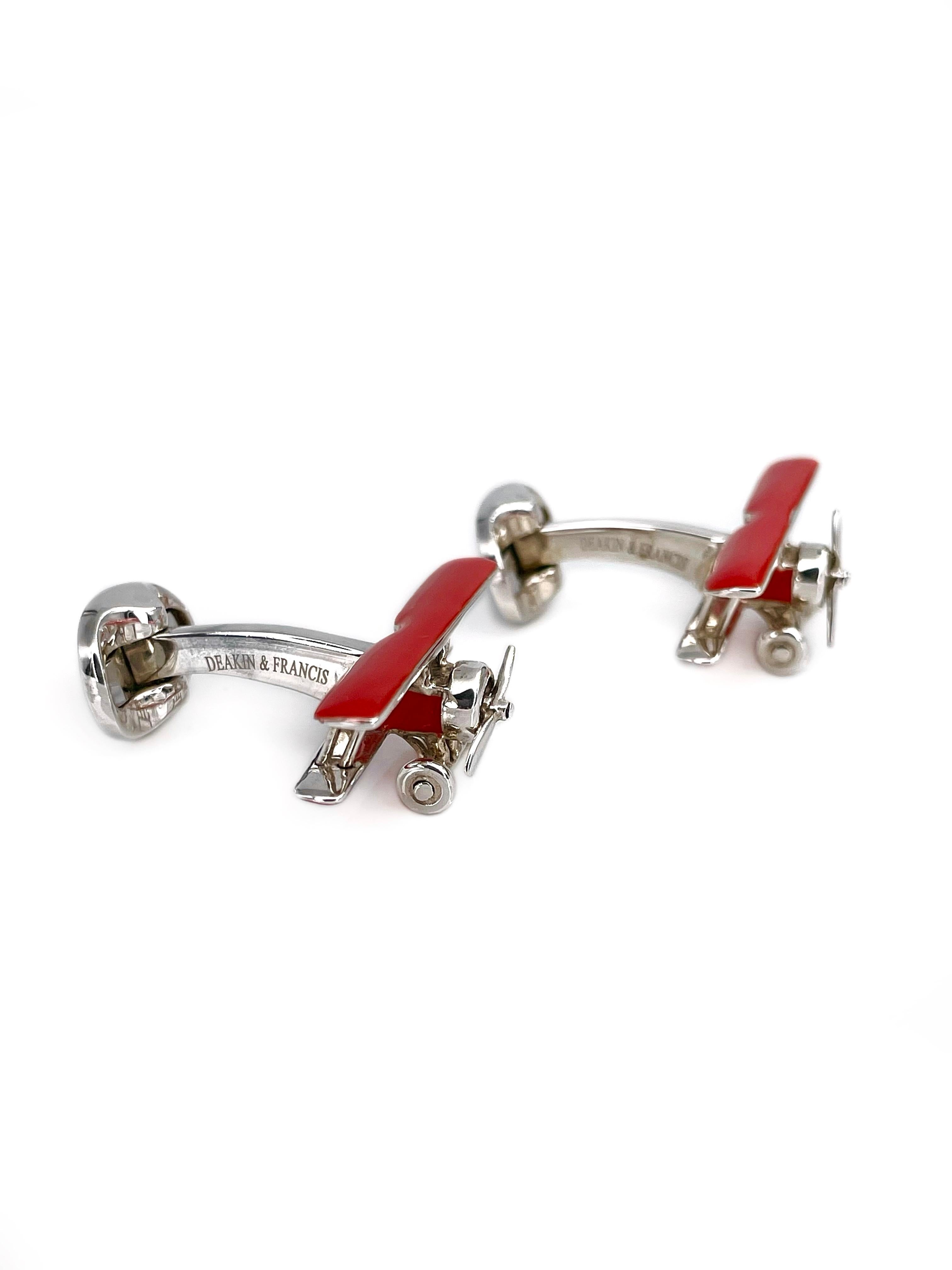 Modern Deakin & Francis Silver Red Enamel Biplane Rotating Propeller Cufflinks