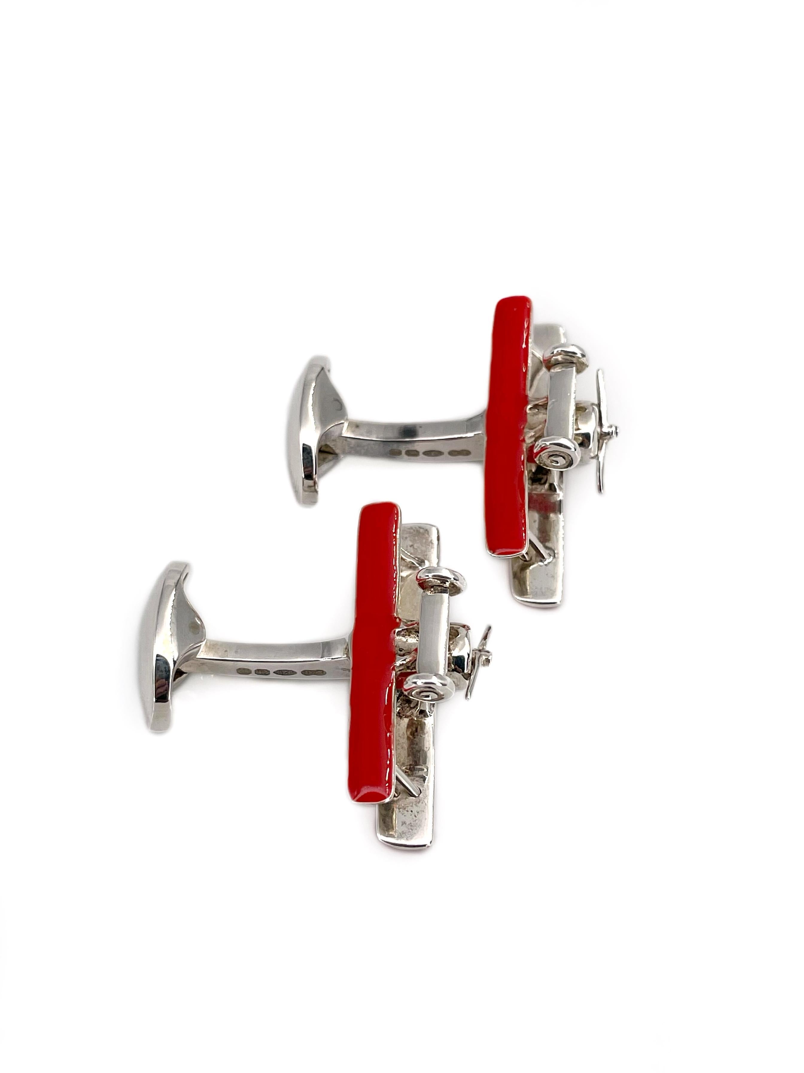 Deakin & Francis Silver Red Enamel Biplane Rotating Propeller Cufflinks 2