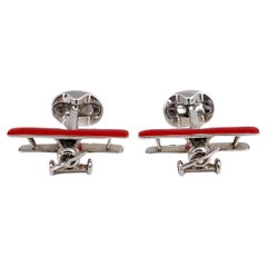 Deakin & Francis Silver Red Enamel Biplane Rotating Propeller Cufflinks