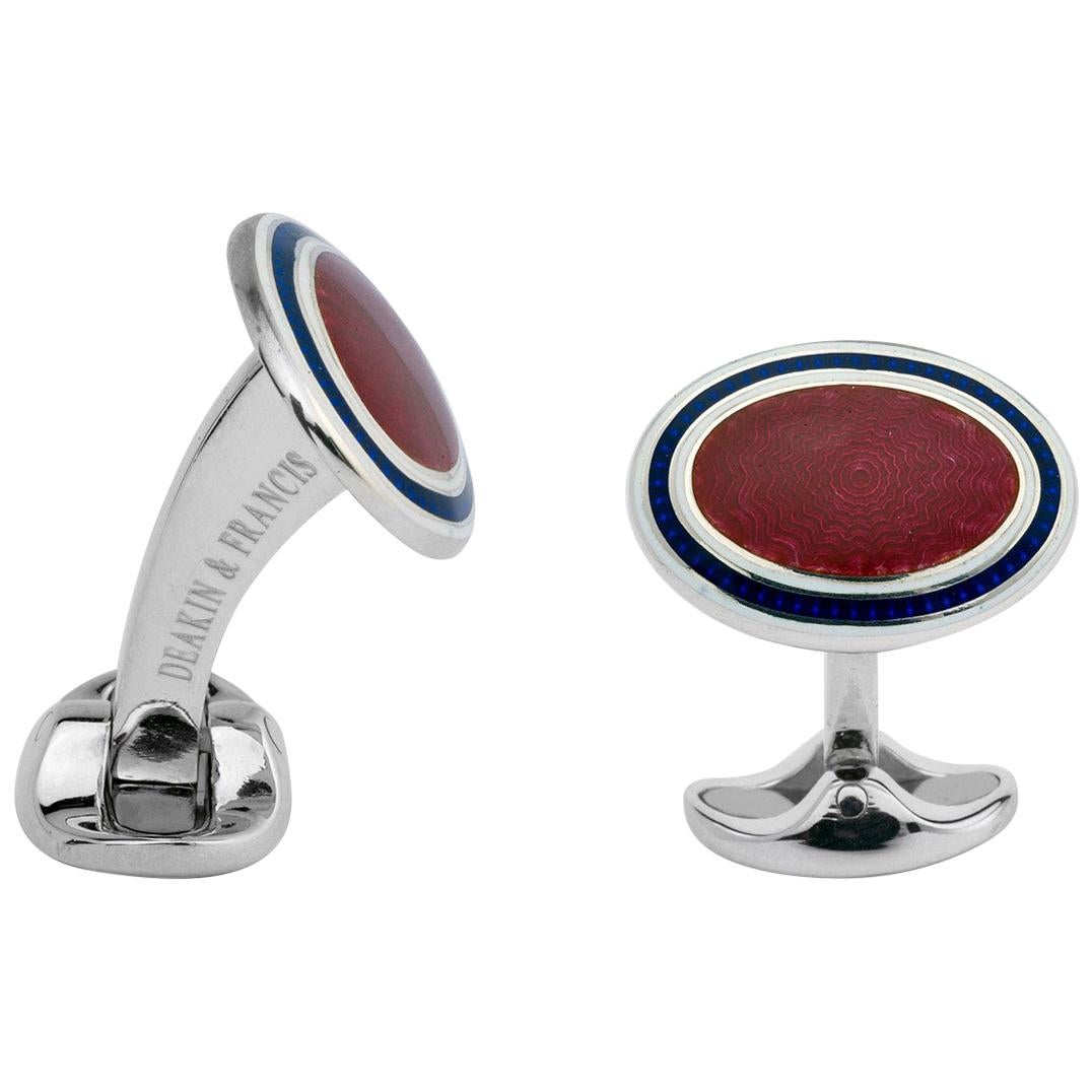 Deakin & Francis Silver Reddish-Pink and Navy Blue Enamel Oval Cufflinks For Sale