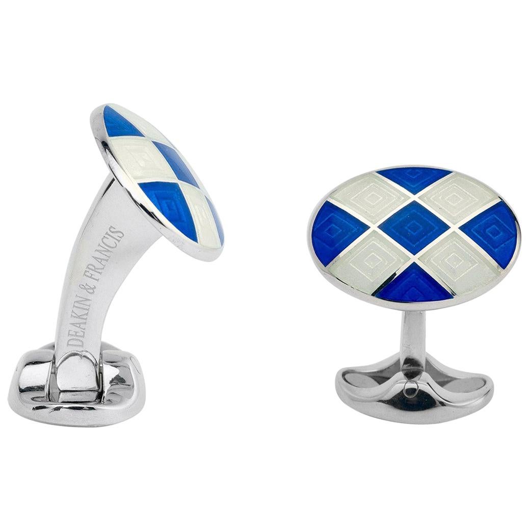 Deakin & Francis Silver Royal Blue and White Enamel Harlequin Cufflinks For Sale