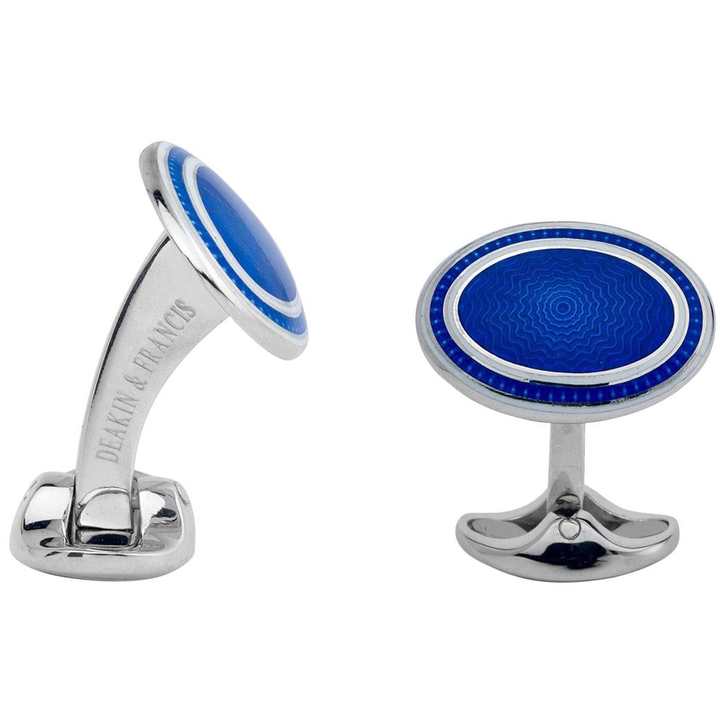Deakin & Francis Silver Royal Blue and White Enamel Oval Cufflinks For Sale