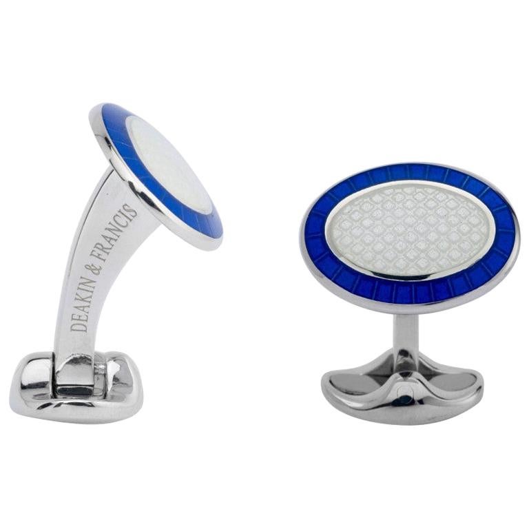 Deakin & Francis Silver Royal Blue and White Patterned Enamel Cufflinks For Sale