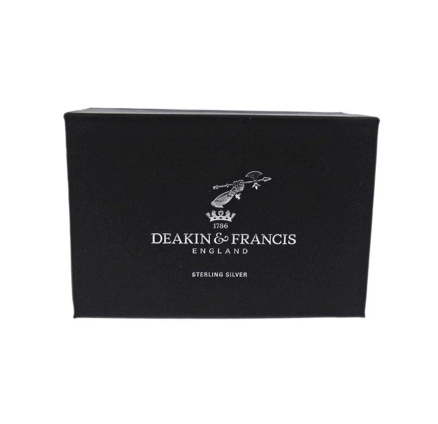 Brand new pair of skull cufflinks, crafted by Deakin & Francis, featuring movable jaw, revealing pink spinel eyes, in golden yellow aviator hat. Skulls measure 24mm x 15mm. Marked: D & F, English marks, 925. Weight - 20.8 grams.
Come with box &