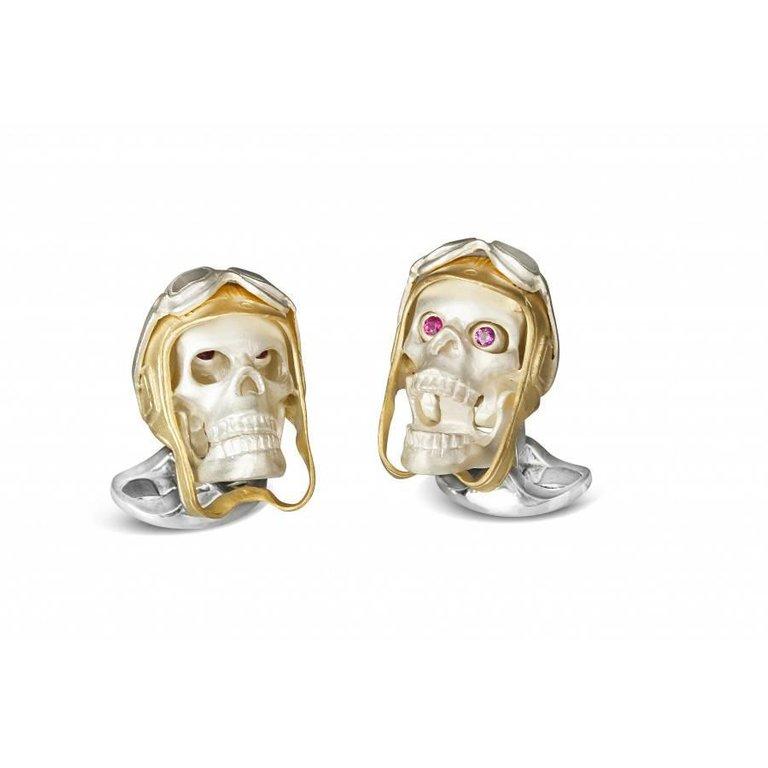 Deakin & Francis Silver Skull Pink Spinel Aviator Pilot Hat Cufflinks In New Condition In Lambertville, NJ