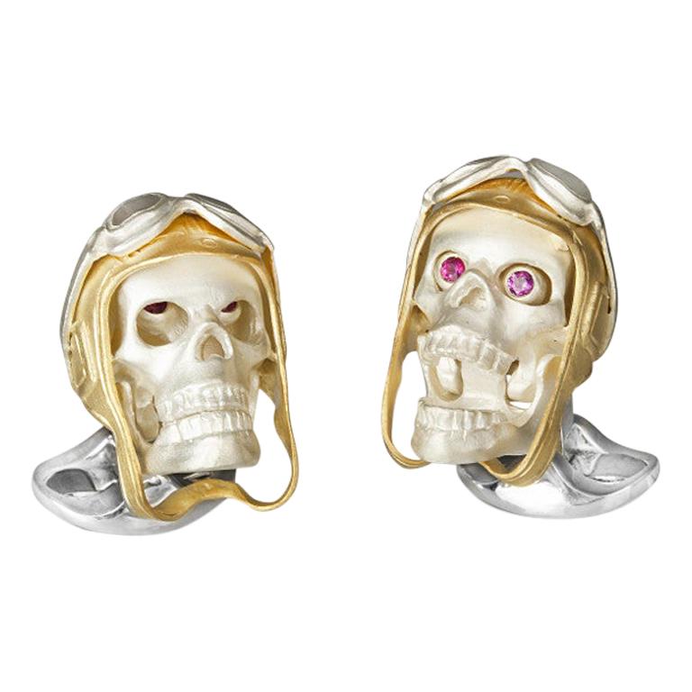 Deakin & Francis Silver Skull Pink Spinel Aviator Pilot Hat Cufflinks