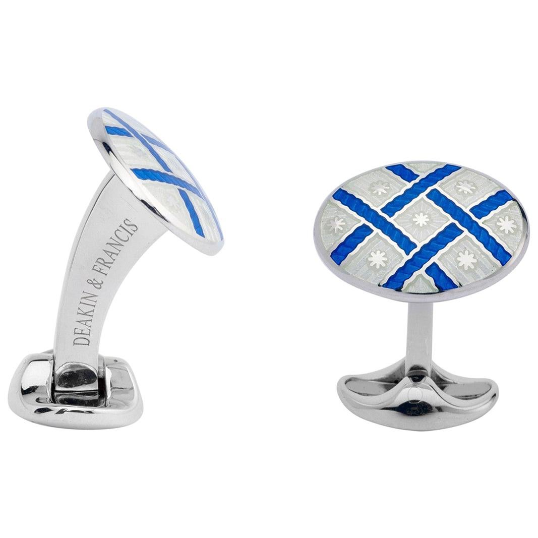 Deakin & Francis Silver White and Royal Blue Enamel Patterned Cufflinks For Sale