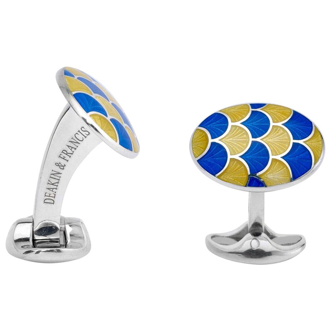 Deakin & Francis Silver Yellow and Royal Blue Enamel Wave Cufflinks For Sale