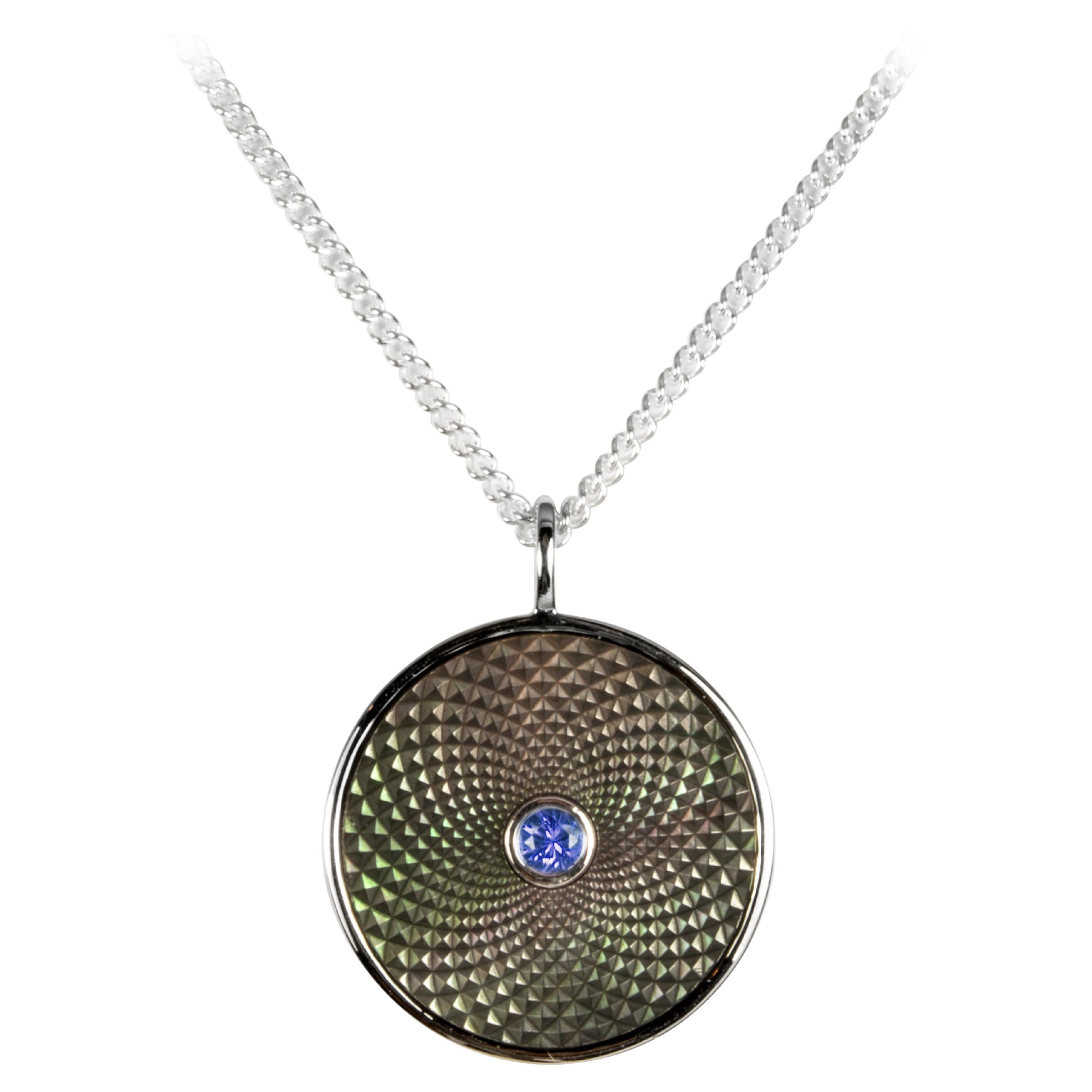 Deakin & Francis Small Pendant with Grey Mother of Pearl and a Blue Sapphire For Sale