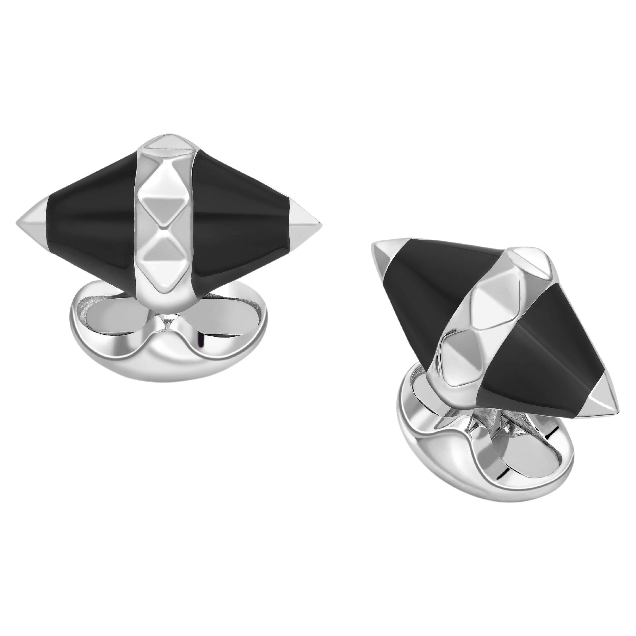 Deakin & Francis Sterling Silver Black Enamel Pyramid Detail Cufflinks For Sale