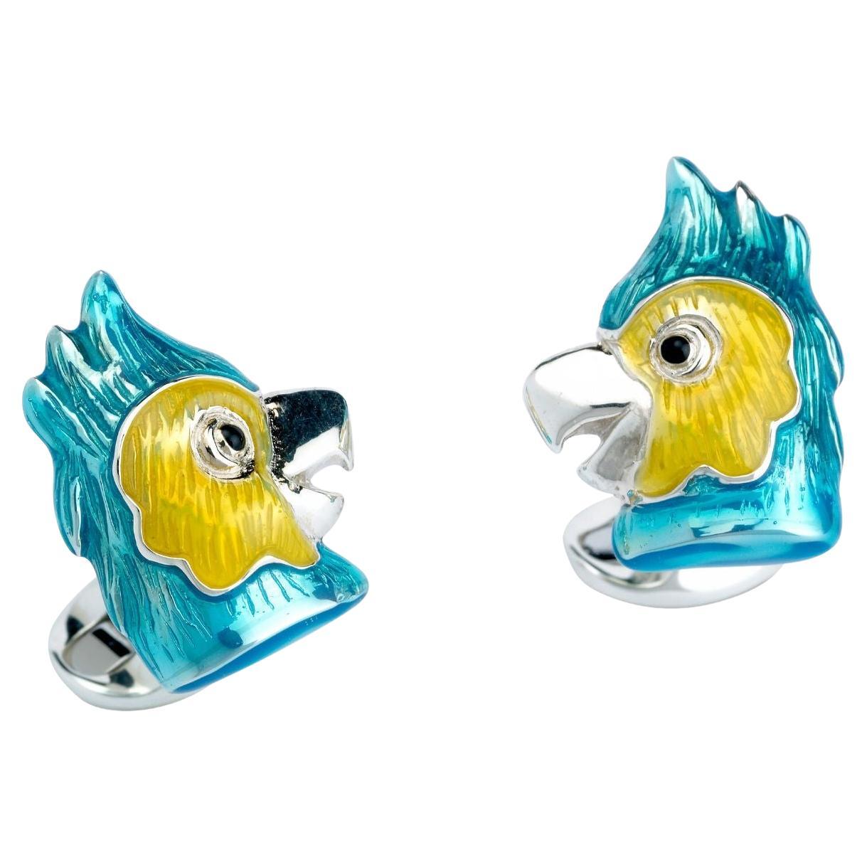 Deakin & Francis Sterling Silver Blue and Yellow Parrot Cufflinks For Sale