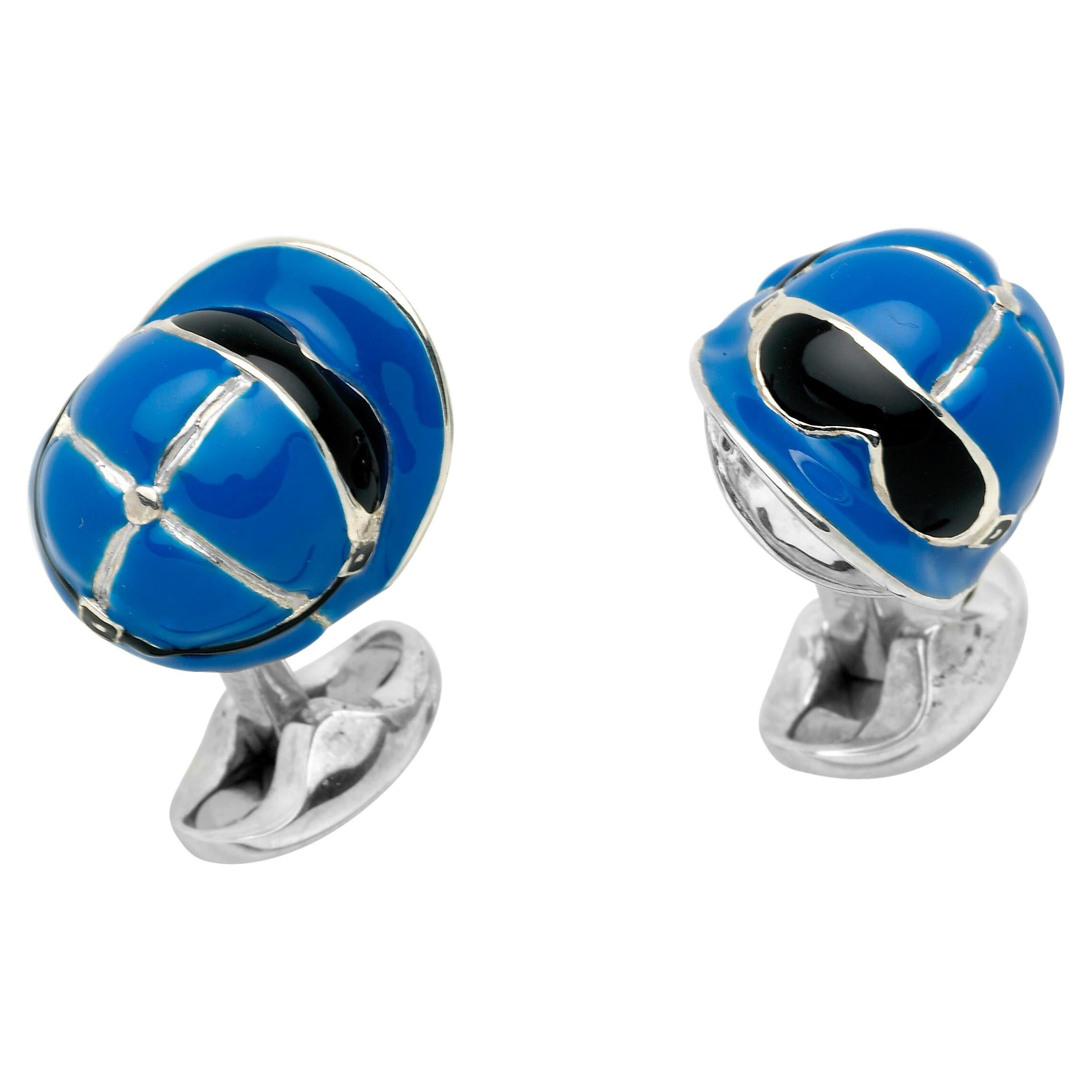 Deakin & Francis Sterling Silver Blue Enamel Jockey Cap Cufflinks