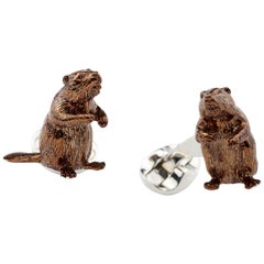 Deakin & Francis Sterling Silver Brown Enamel Beaver Cufflinks