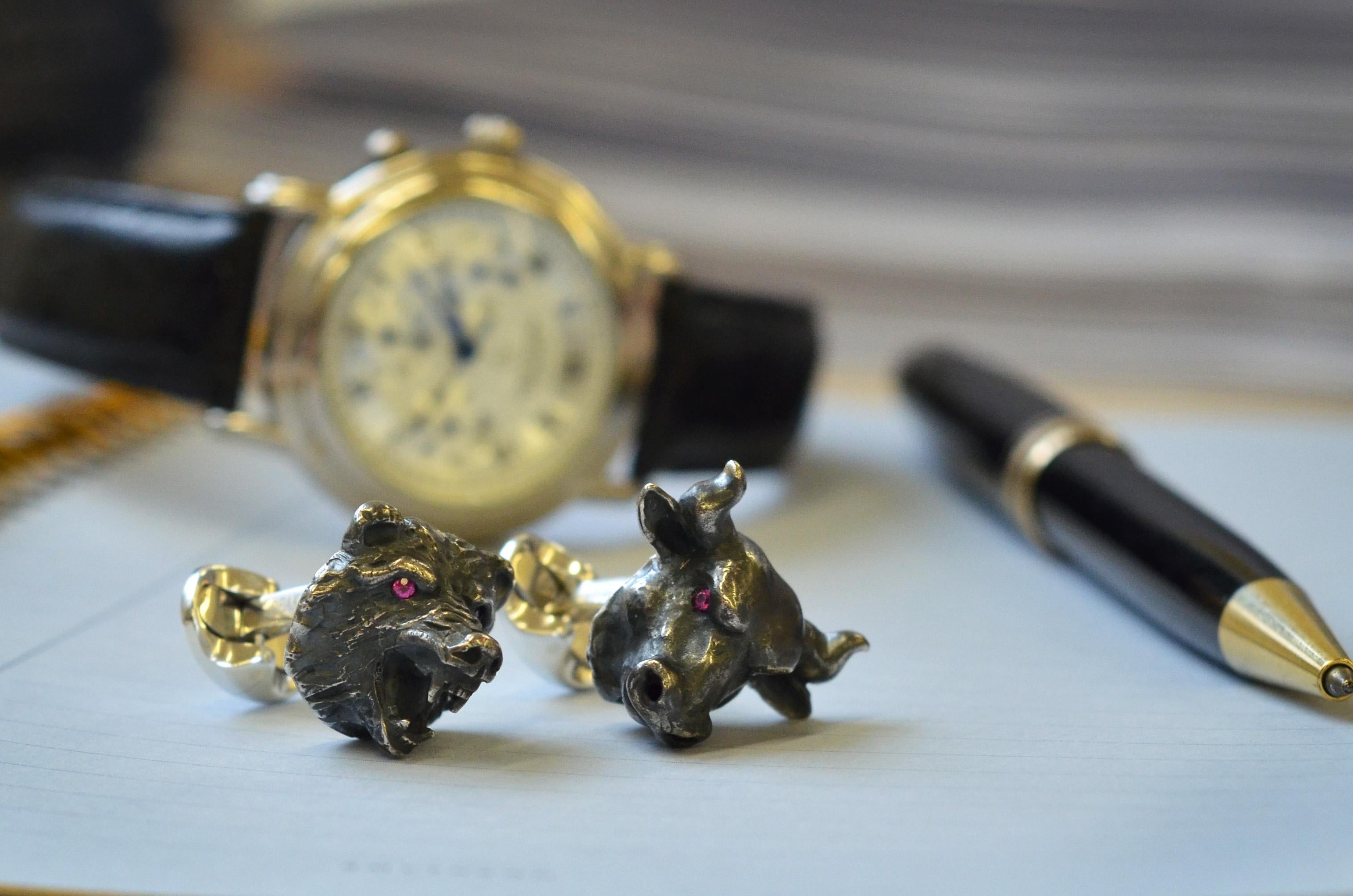 Brilliant Cut Deakin & Francis Sterling Silver Bull and Bear Cufflinks with Ruby Eyes For Sale