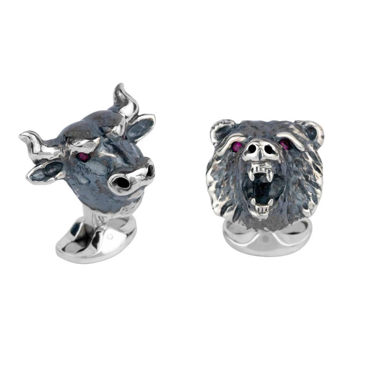 Deakin & Francis Sterling Silver Bull and Bear Cufflinks with Ruby Eyes