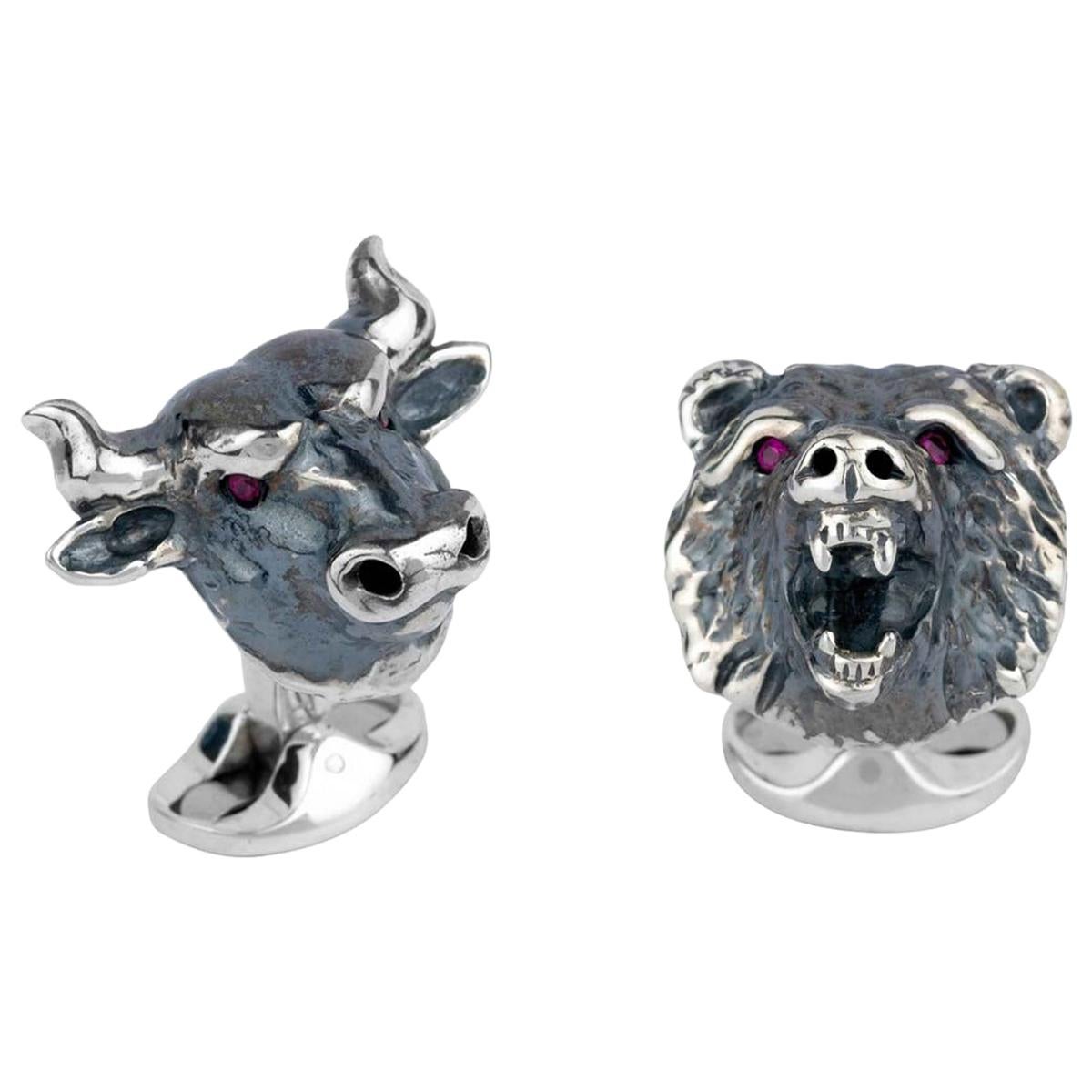 Deakin & Francis Sterling Silver Bull and Bear Cufflinks with Ruby Eyes For Sale