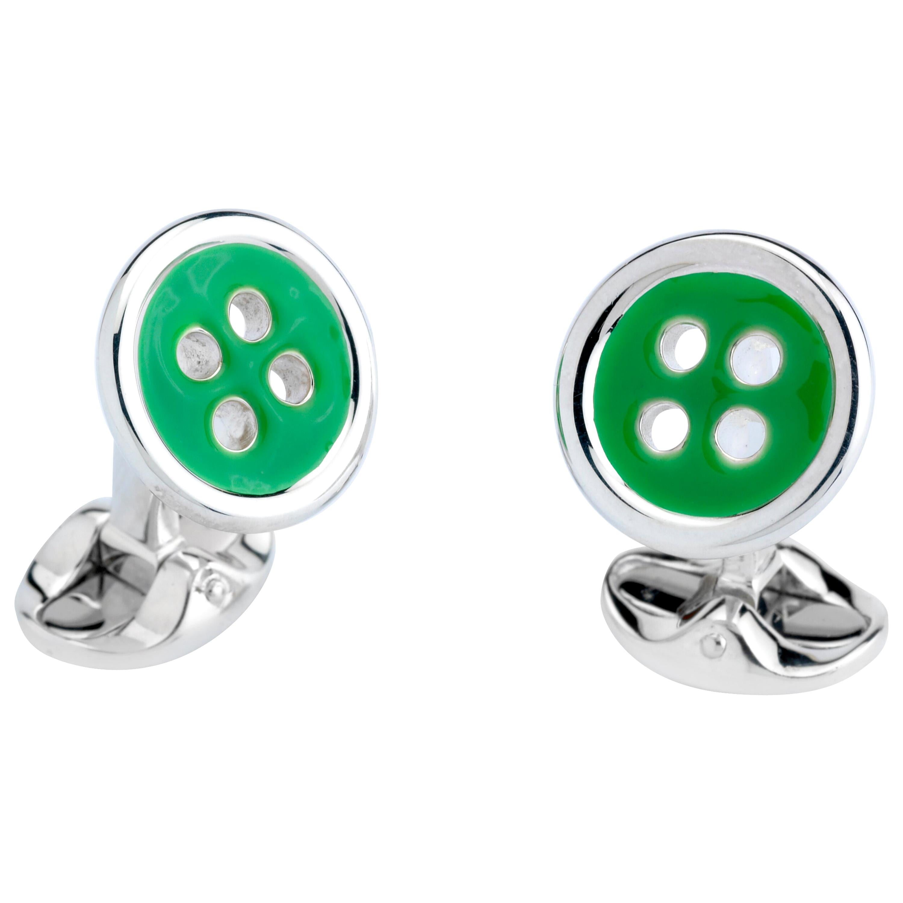 Deakin & Francis Sterling Silver Button Cufflinks with Green Enamel Detail For Sale
