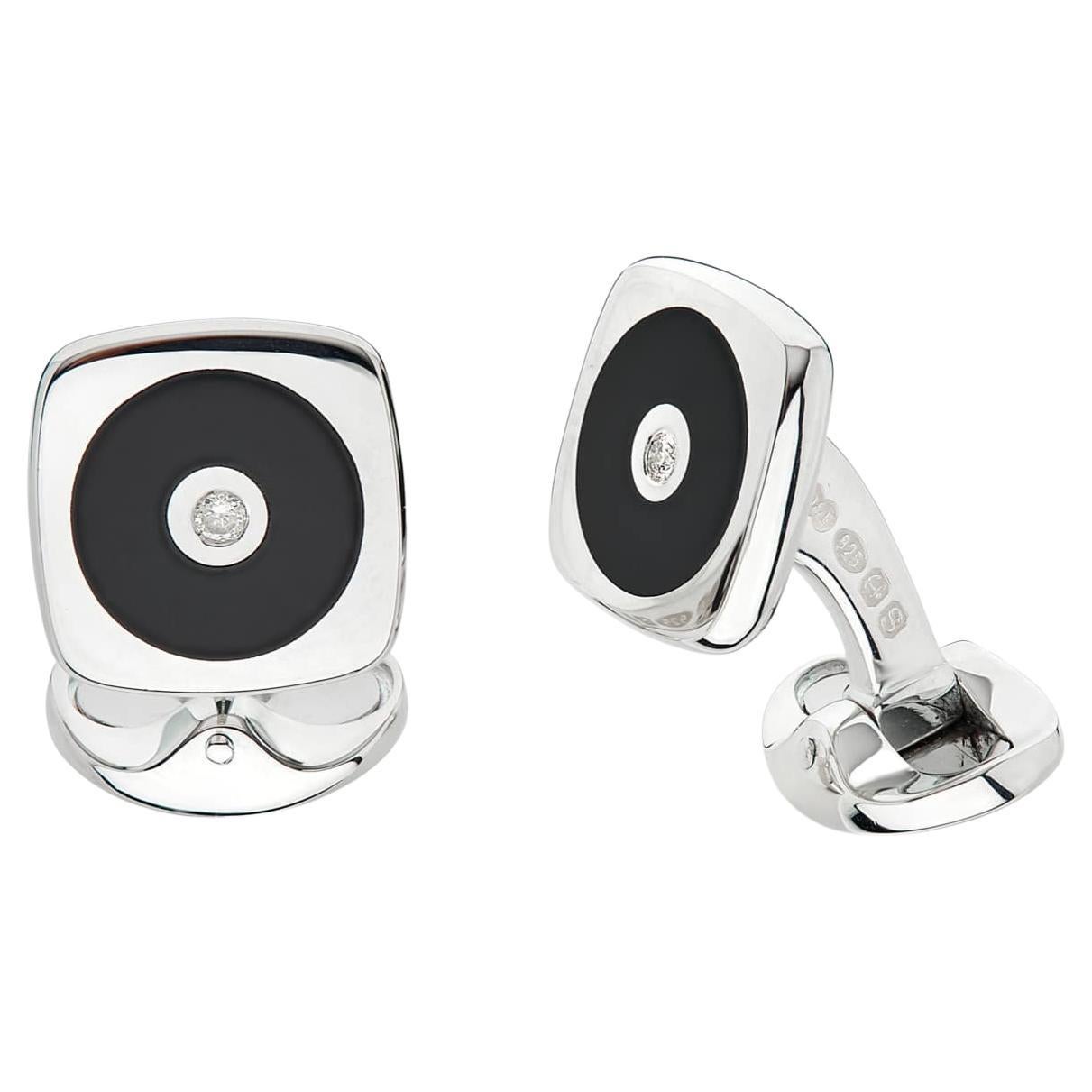 Deakin & Francis Sterling Silver Cushion Cufflinks with Round Onyx and Diamond For Sale