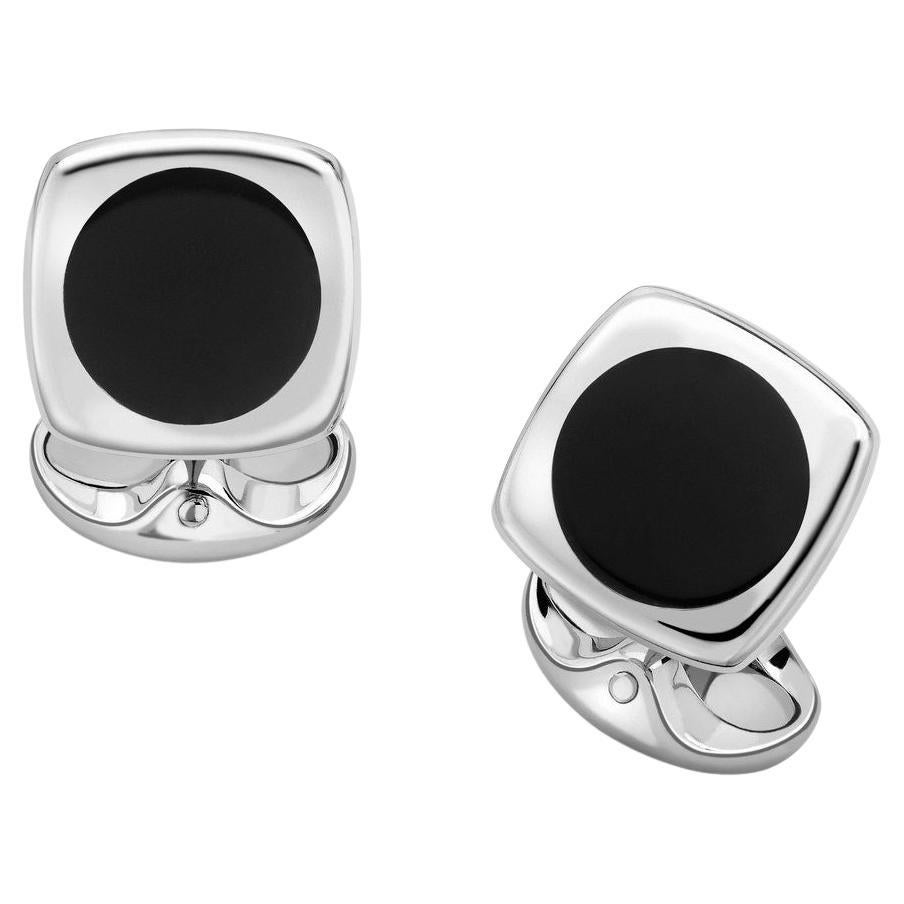 Deakin & Francis Sterling Silver Cushion Shape Cufflinks with Round Onyx Inlay
