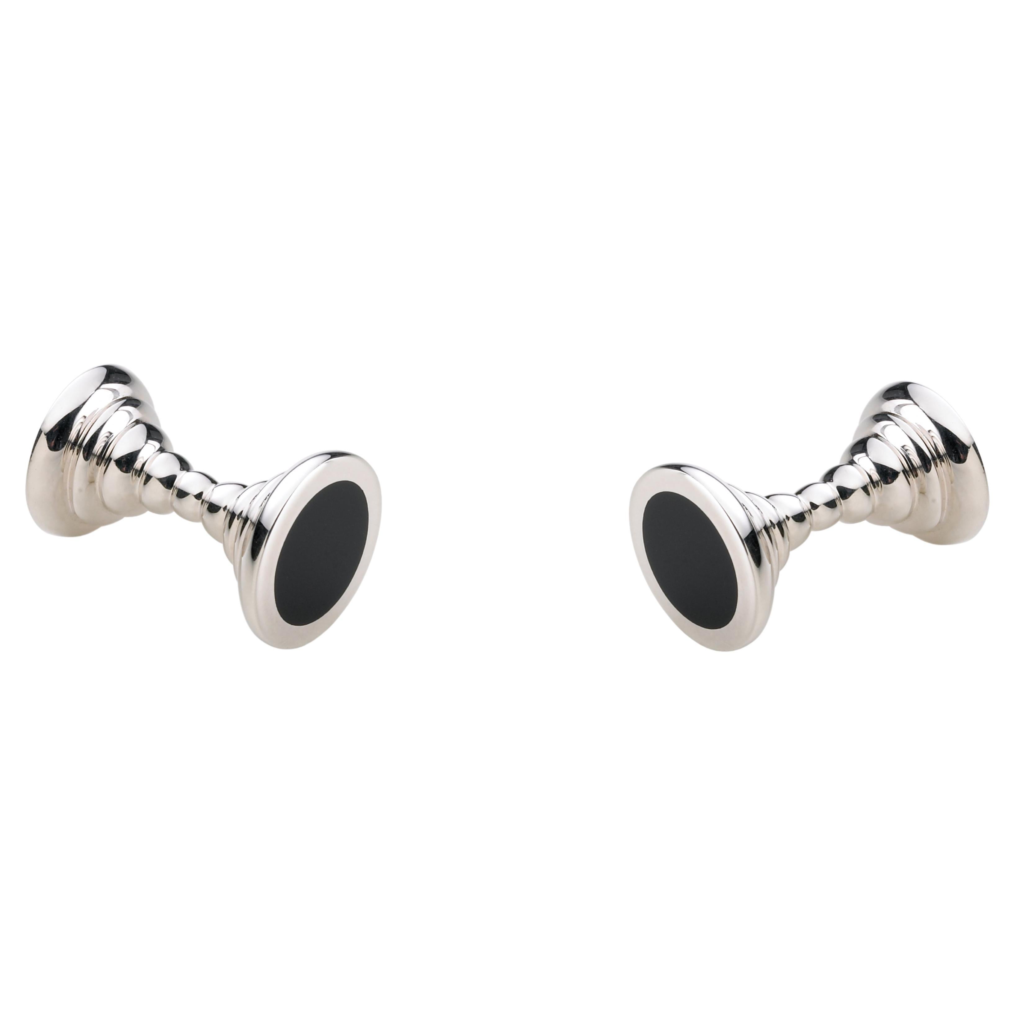 Deakin & Francis Sterling Silver Dumbbell Cufflinks with Onyx Inlay Ends For Sale