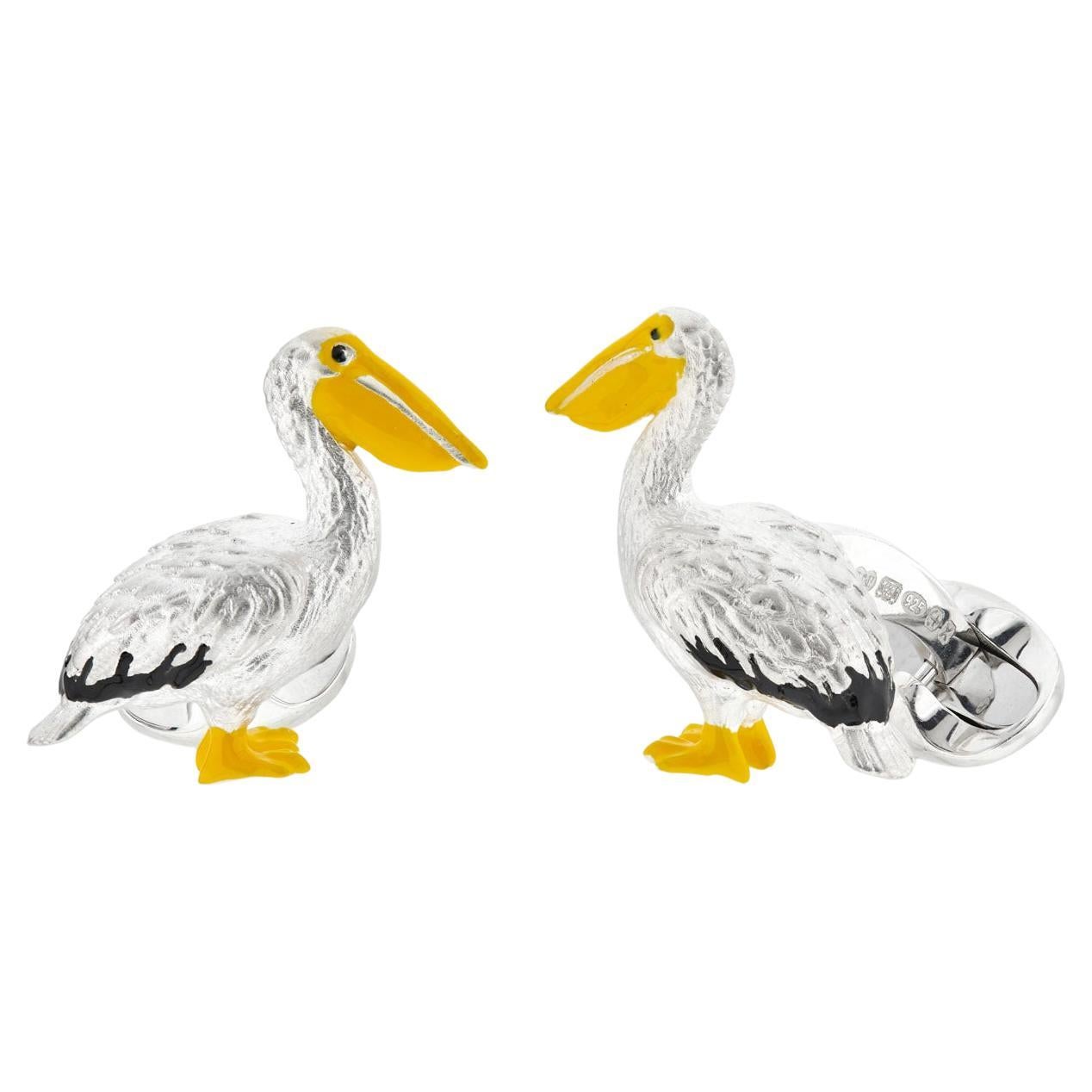 Deakin & Francis Boutons de manchette plican en argent sterling et mail en vente