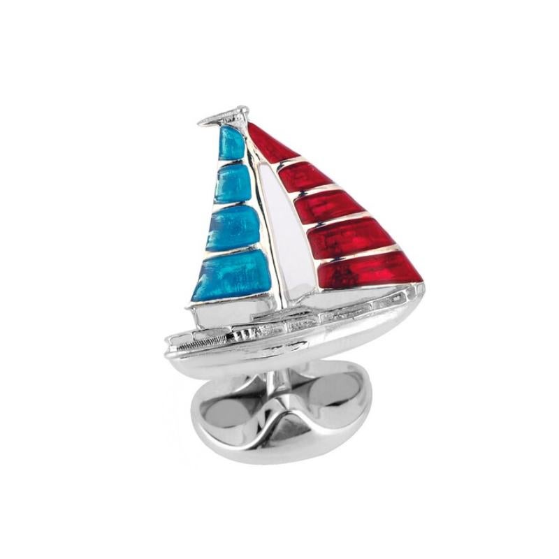 Contemporary Deakin & Francis Sterling Silver Enamel Yacht Cufflinks in Red and Blue For Sale