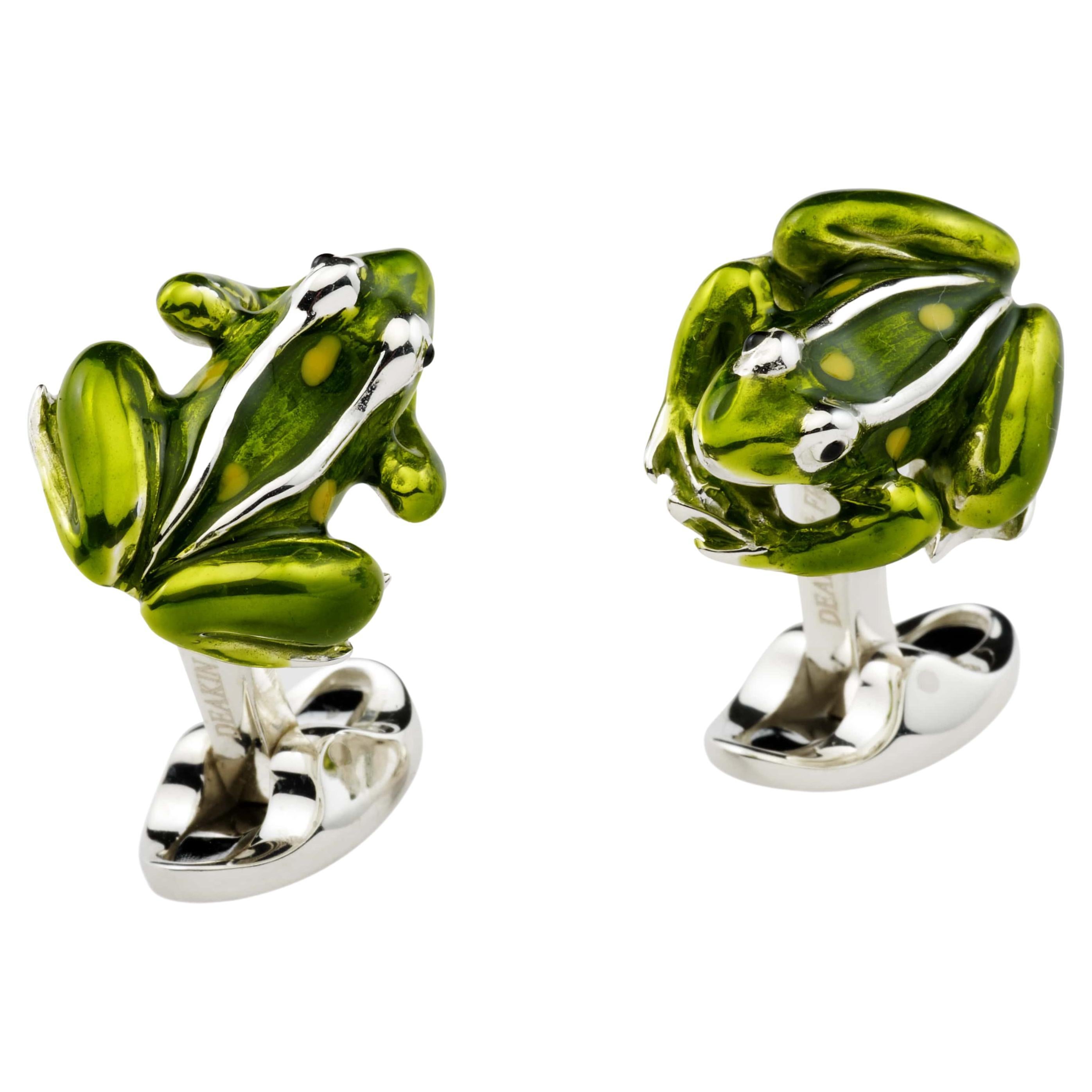 Deakin & Francis Boutons de manchette grenouille en argent sterling et mail vert en vente