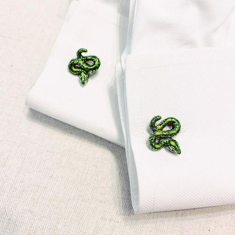 Contemporary Deakin & Francis Sterling Silver Green Enamel Snake Cufflinks For Sale