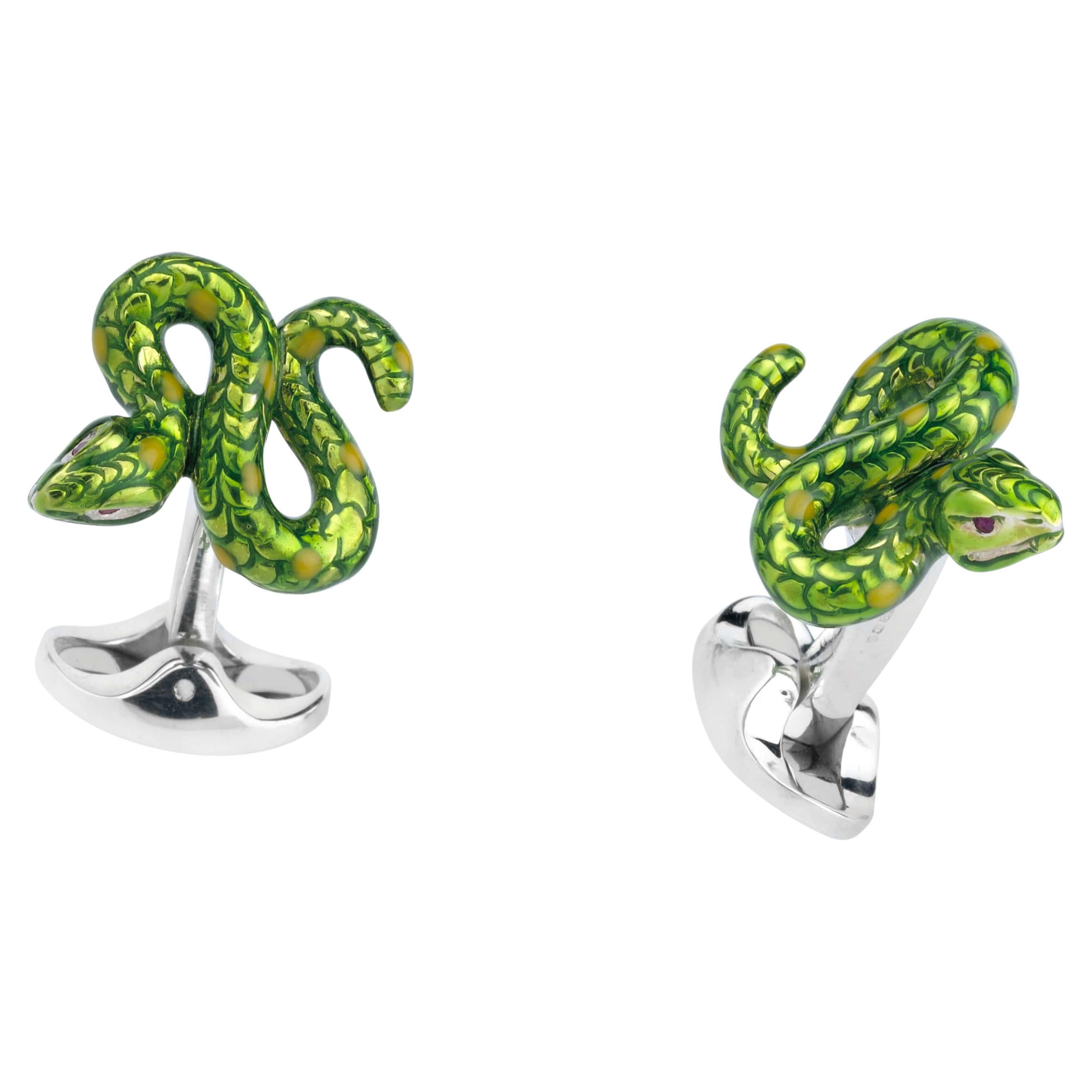 Deakin & Francis Sterling Silver Green Enamel Snake Cufflinks For Sale