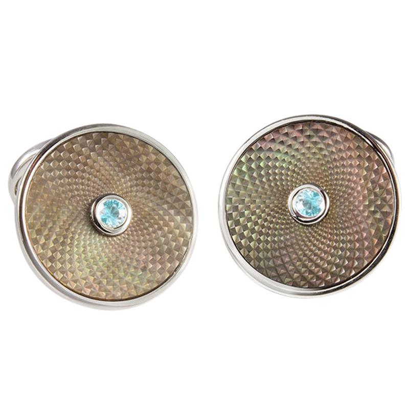 Deakin & Francis Sterling Silver Grey Mother of Pearl Cufflinks with Aquamarine
