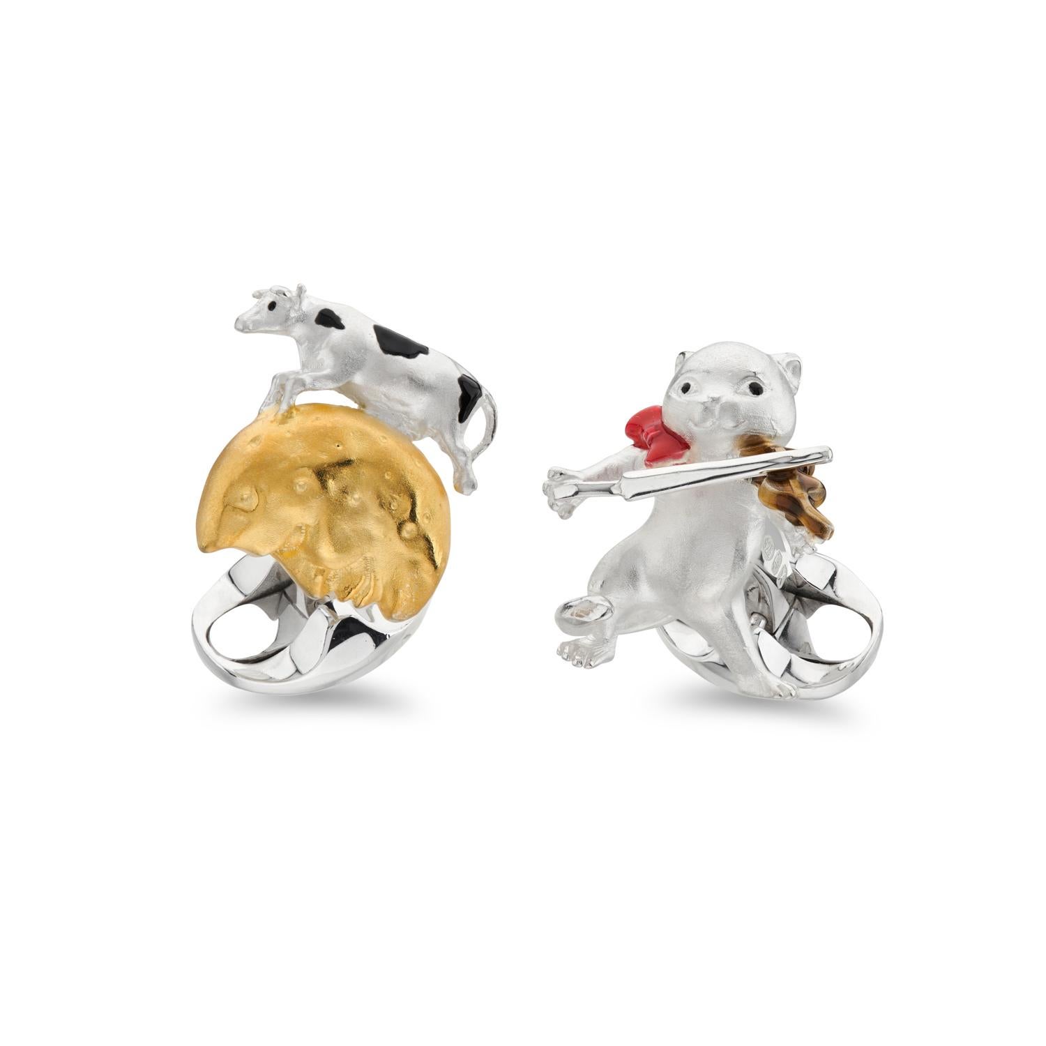 Women's or Men's Sterling Silver Hey Diddle Diddle Nursery Rhyme Cufflinks For Sale