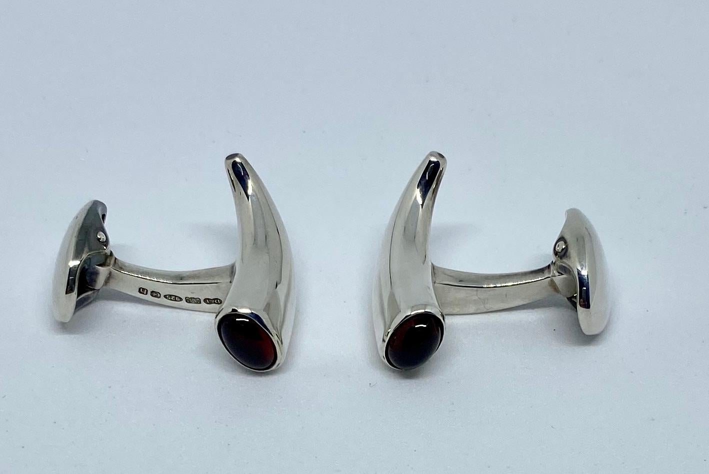 Contemporary Deakin & Francis Sterling Silver Horn Shaped Cufflinks with Red Garnets For Sale