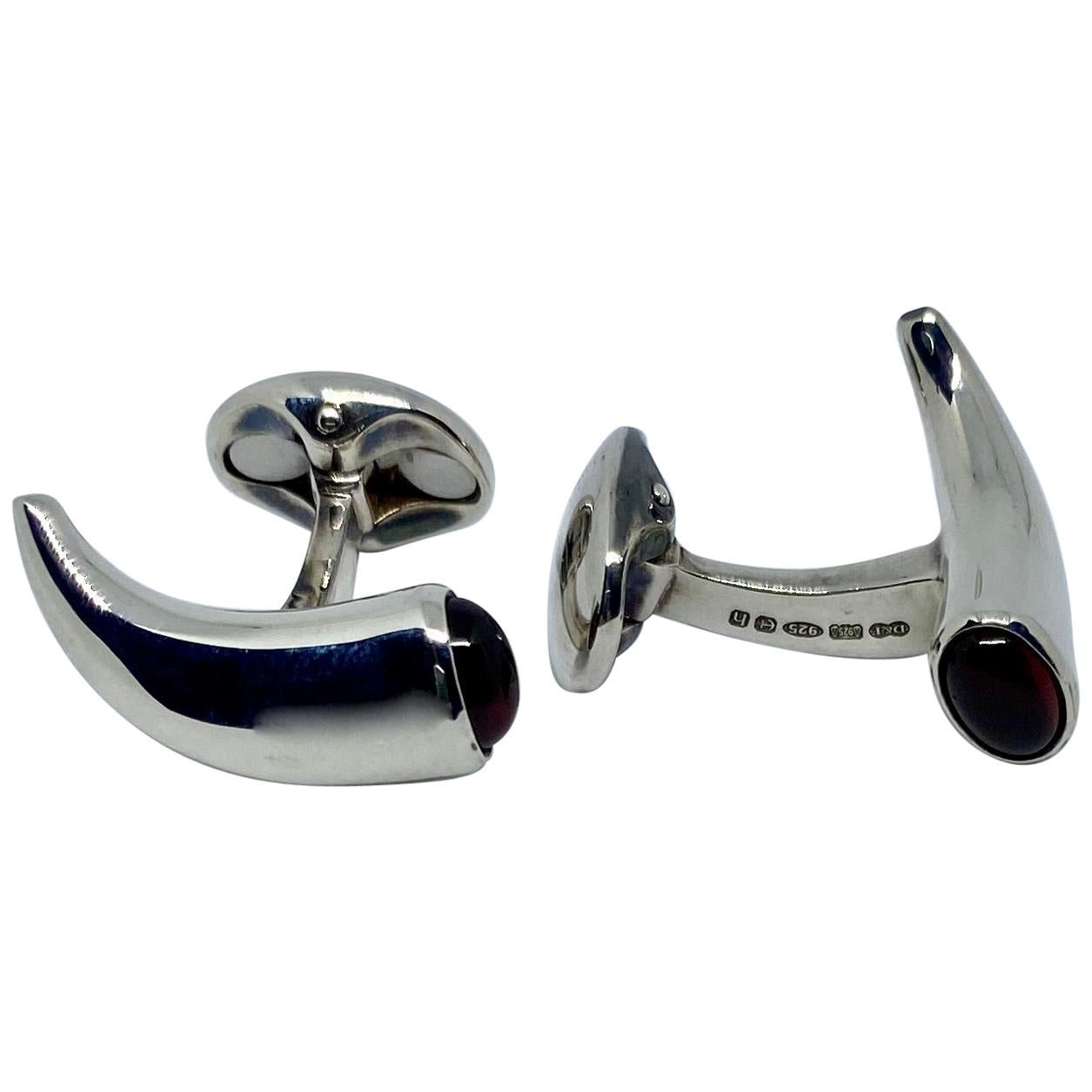Deakin & Francis Sterling Silver Horn Shaped Cufflinks with Red Garnets For Sale