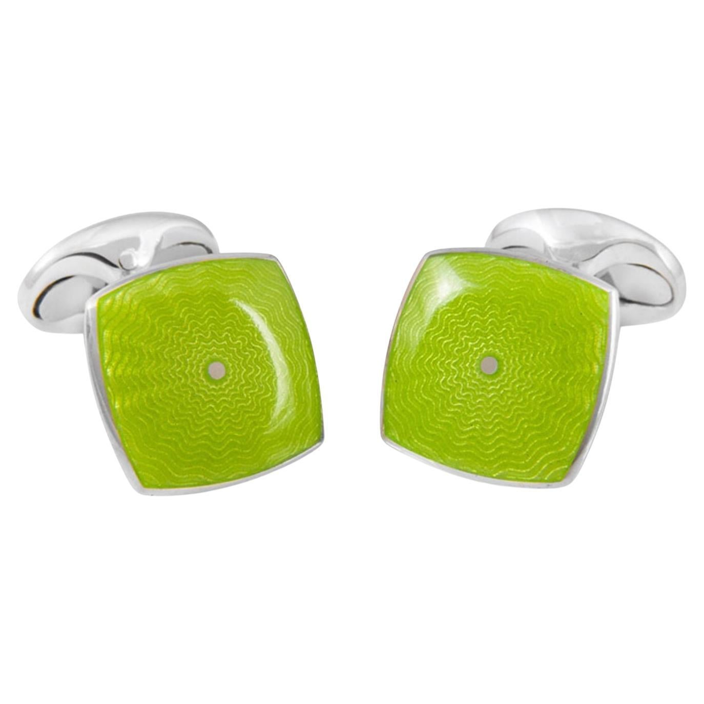 Deakin & Francis Sterling Silver Lime Green Enamel Cufflinks For Sale