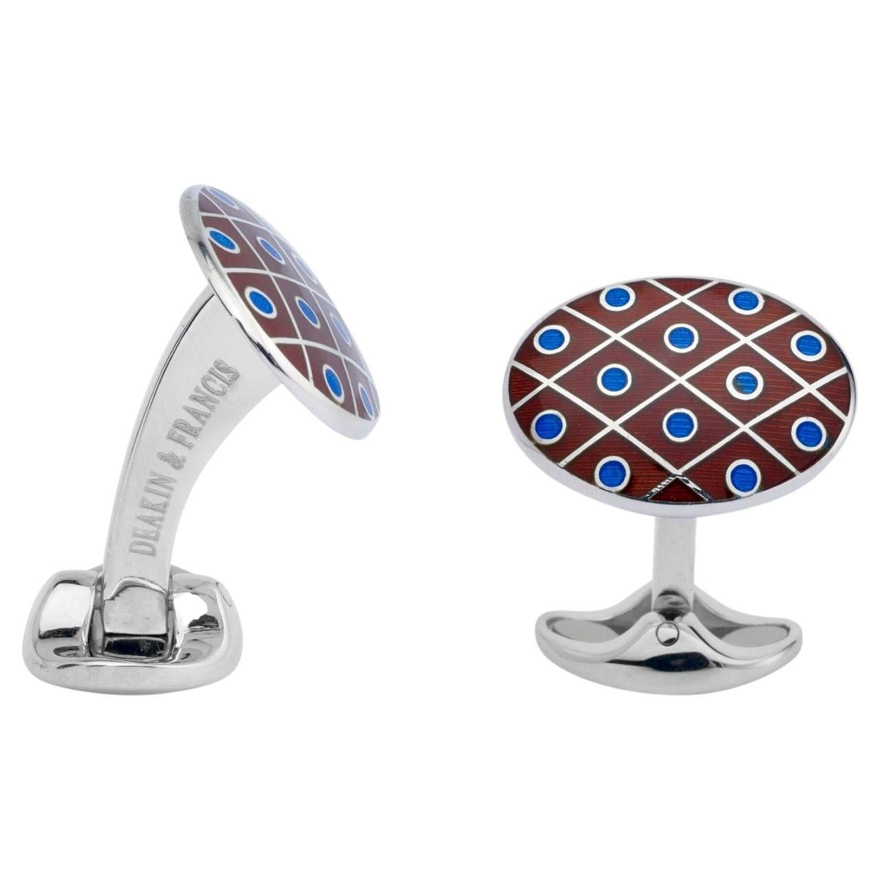 Deakin & Francis Sterling Silver Maroon Red With Royal Blue Spot Cufflinks For Sale