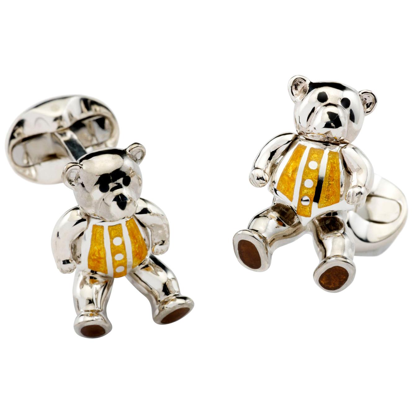 Deakin & Francis Sterling Silver Moveable Yellow Enamel Teddy Bear Cufflinks