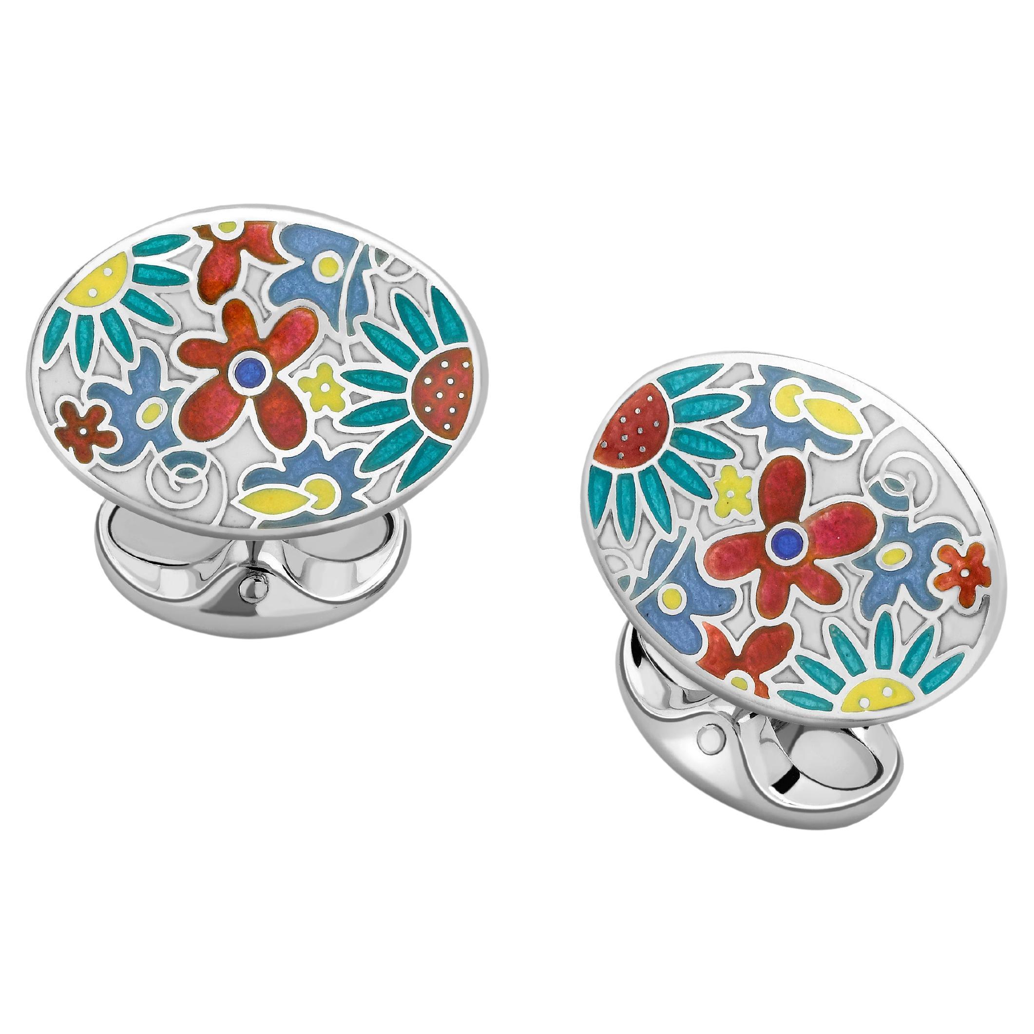 Deakin & Francis Sterling Silver Multicolour Enamel Floral Cufflinks For Sale