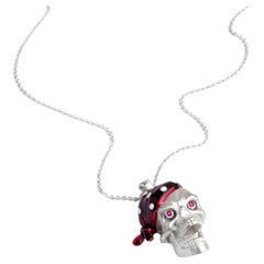 Deakin & Francis Sterling Silver Pirate Skull Pendant with Ruby Eyes