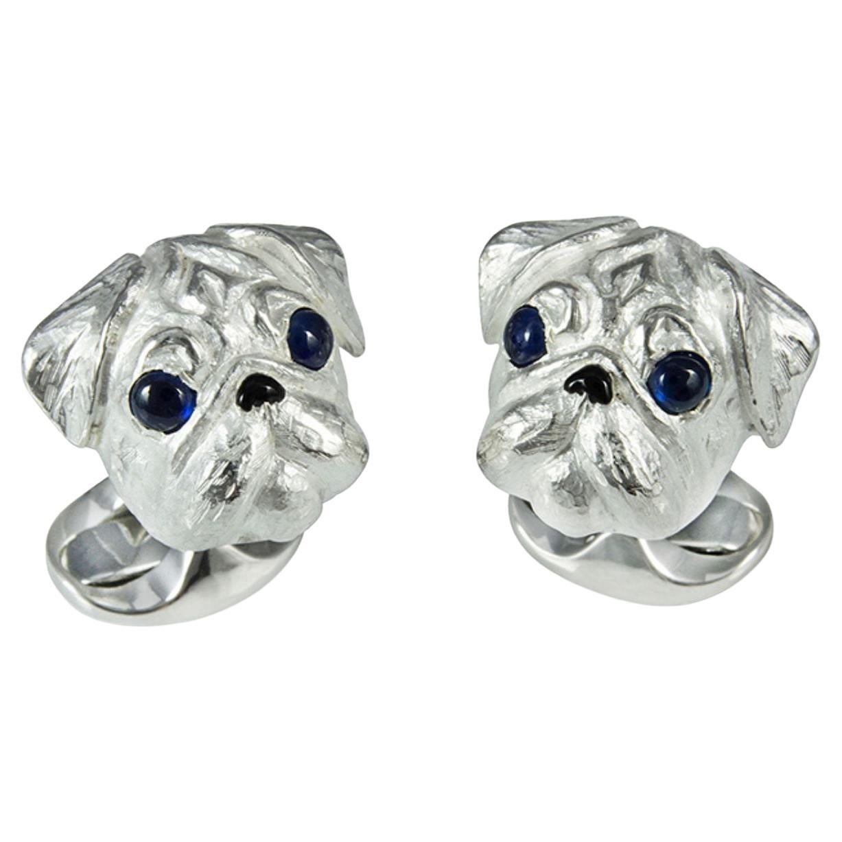 Deakin & Francis Sterling Silver Pug Cufflinks with Sapphire Eyes