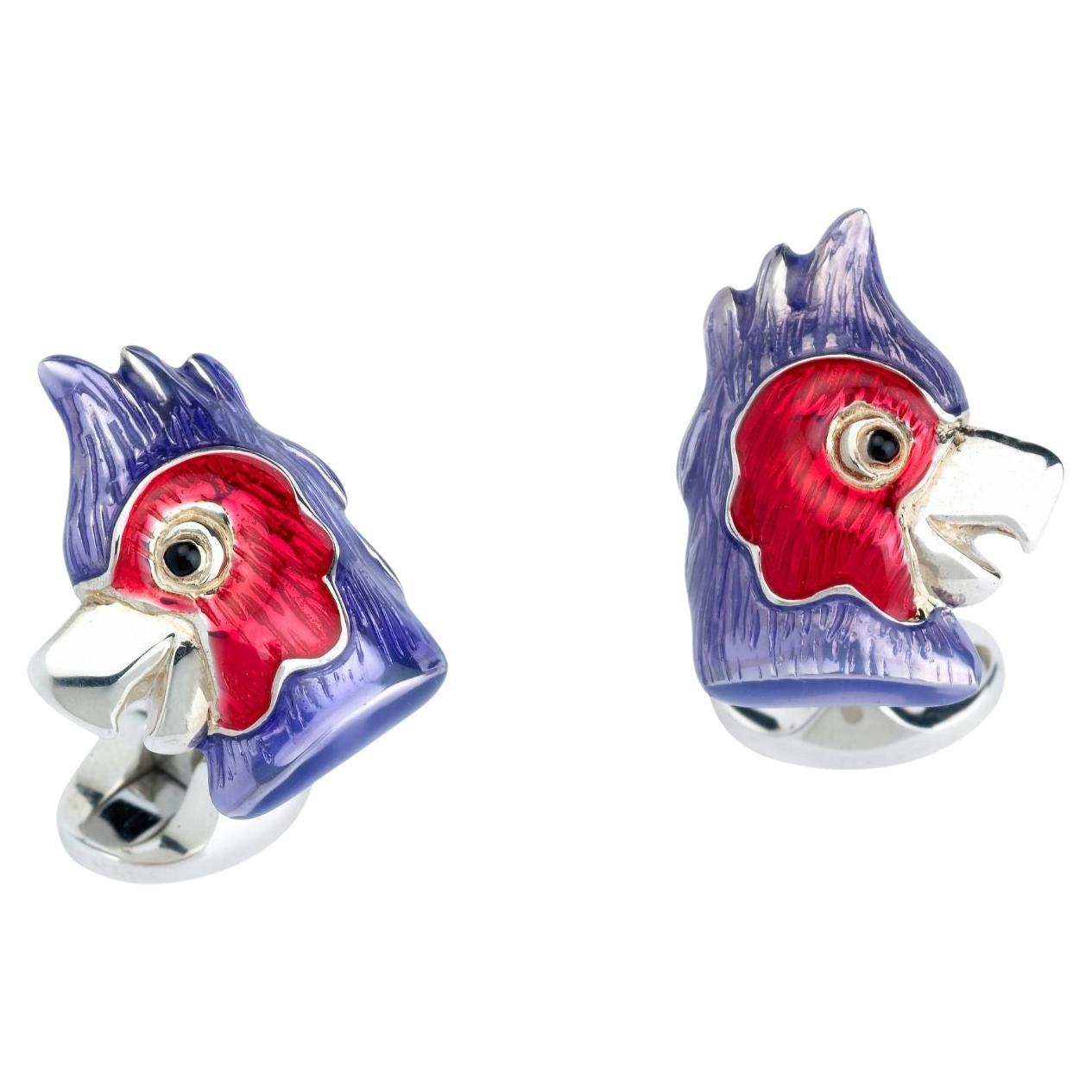 Deakin & Francis Boutons de manchette perroquet en argent sterling et émail rouge et violet