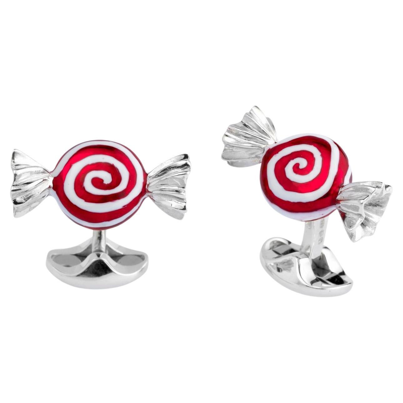 Deakin & Francis Sterling Silver Red and White Swirl Sweet Cufflinks For Sale