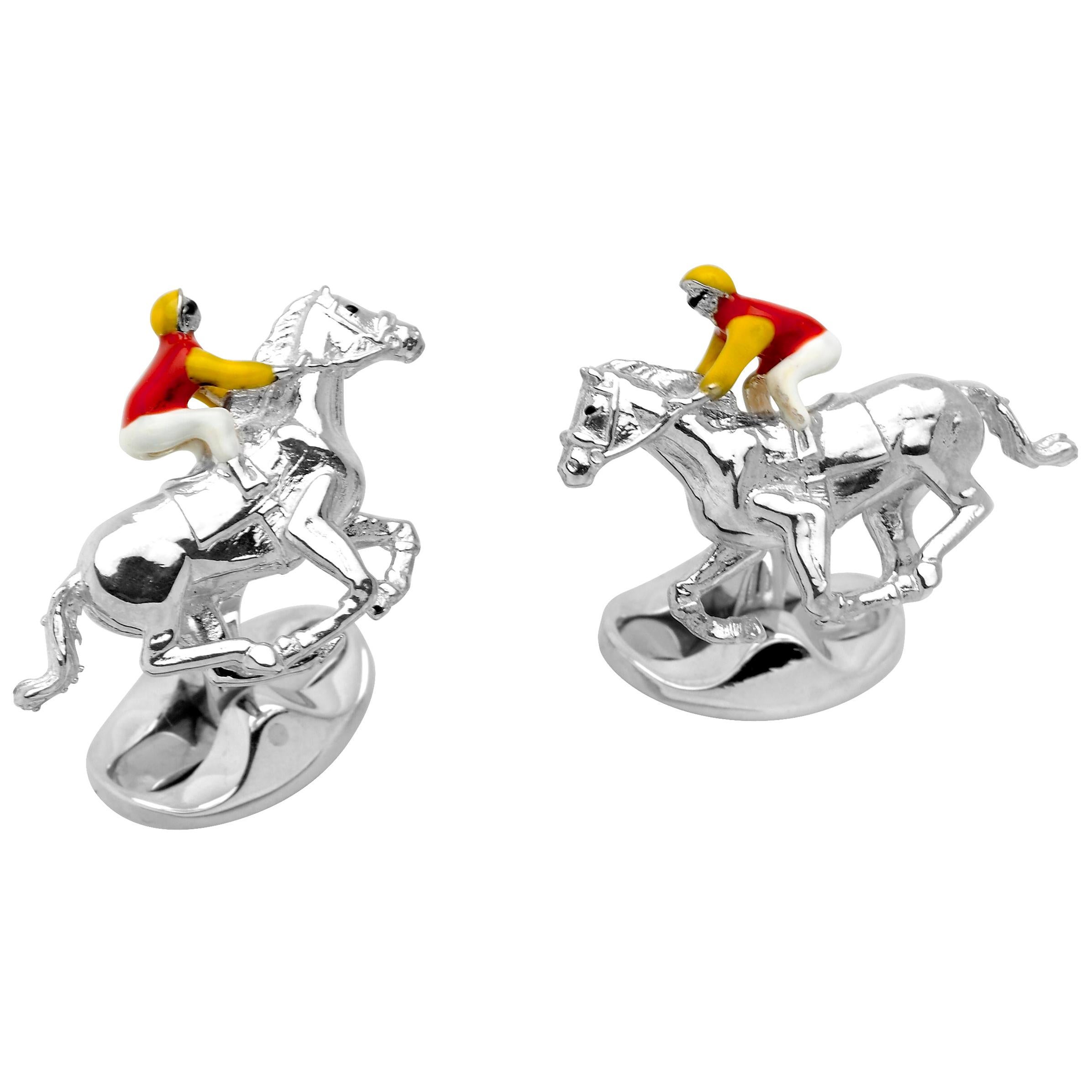 Deakin & Francis Sterling Silver Red and Yellow Horse and Jockey Cufflinks For Sale