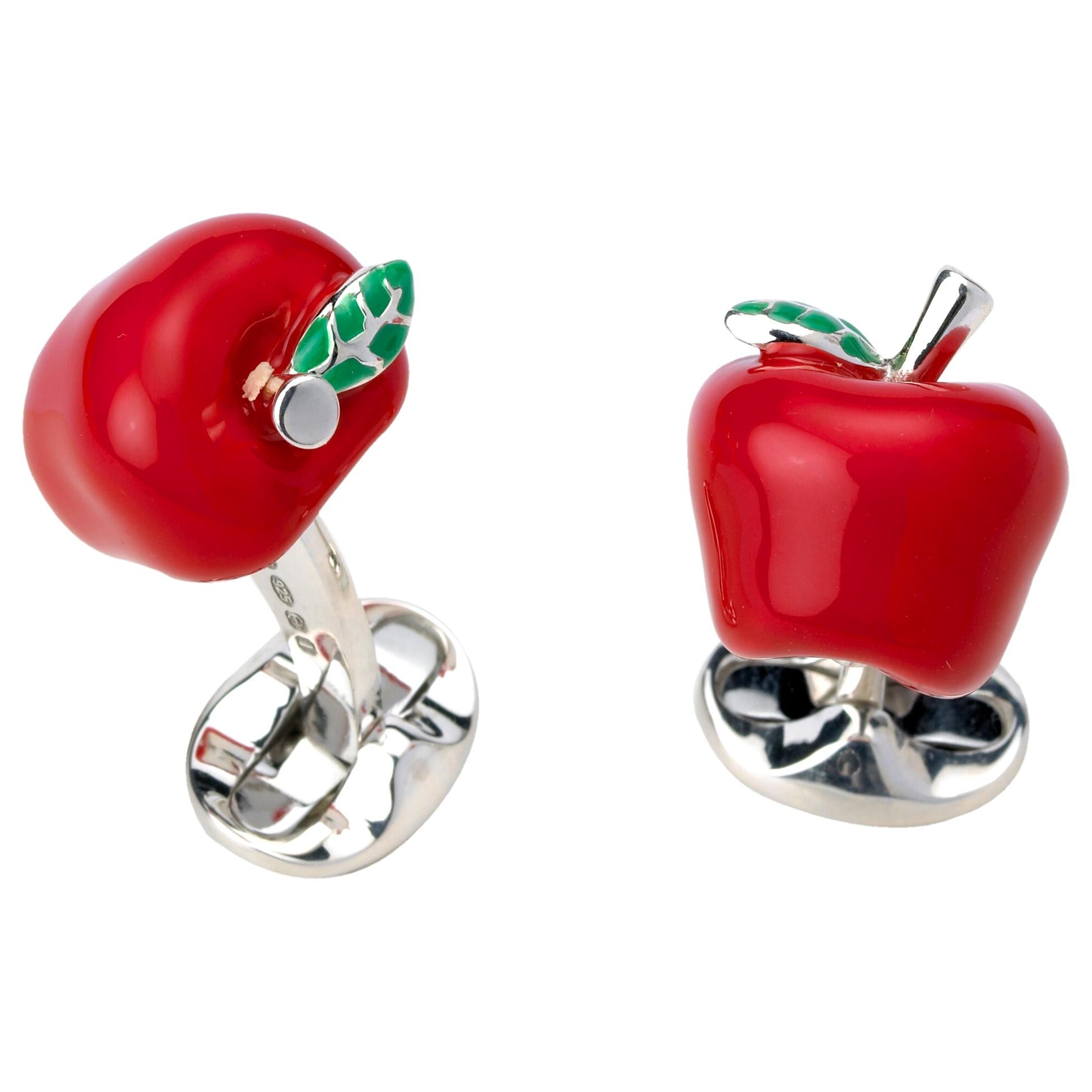 Deakin & Francis Sterling Silver Red Enamel Apple Cufflinks For Sale