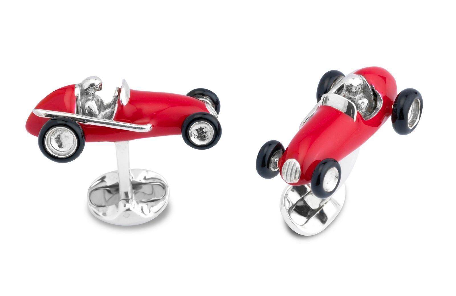 Deakin & Francis Sterling Silver Red Racing Car Cufflinks In New Condition In Birmingham, West Midlands