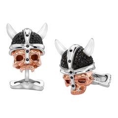 Deakin & Francis Sterling Silver Rose Gold Black Spinel Viking Skull Cufflinks