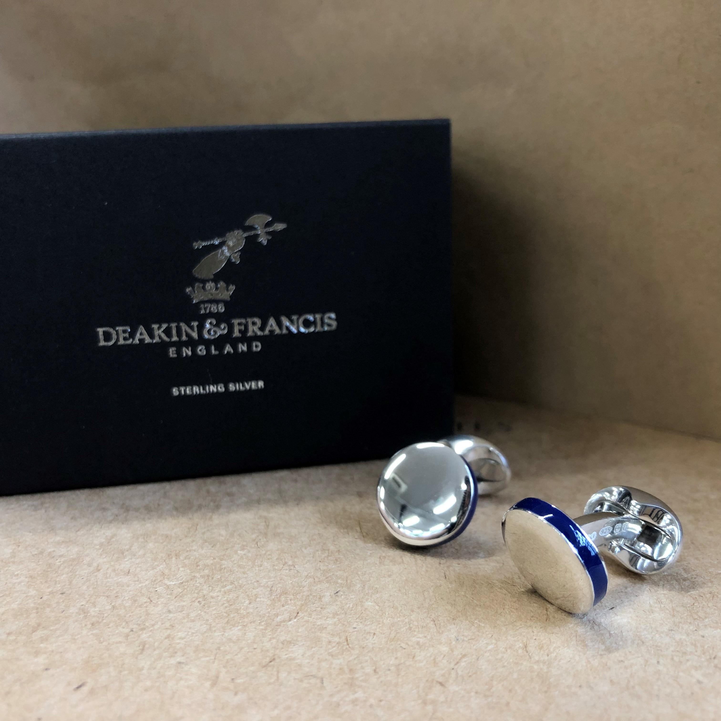 Deakin & Francis, runde Manschettenknöpfe aus Sterlingsilber mit tiefblauem Rand (Zeitgenössisch) im Angebot