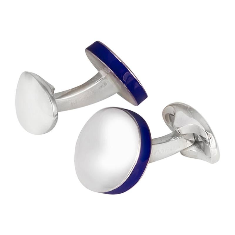 Deakin & Francis Sterling Silver Round Cufflinks with Deep Blue Edge For Sale