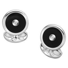 Deakin & Francis Sterling Silver Round Cufflinks with Onyx and Diamond