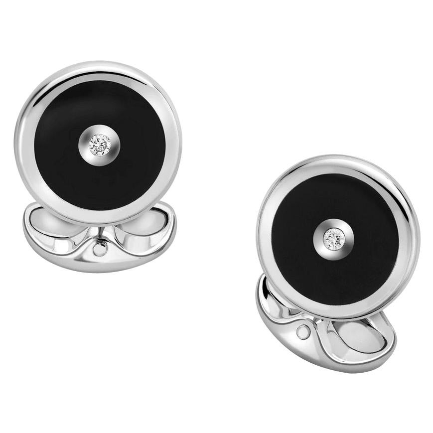 Deakin & Francis Sterling Silver Round Cufflinks with Onyx and Diamond For Sale